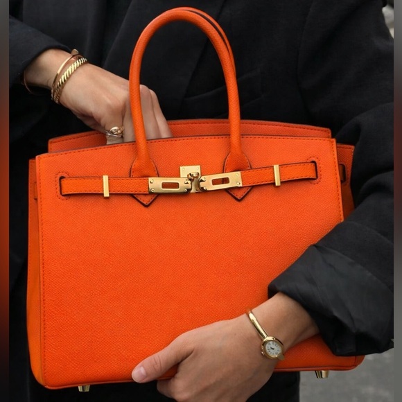 Handbags - Orange Top Handle Leather Handbag with Gold Hardware